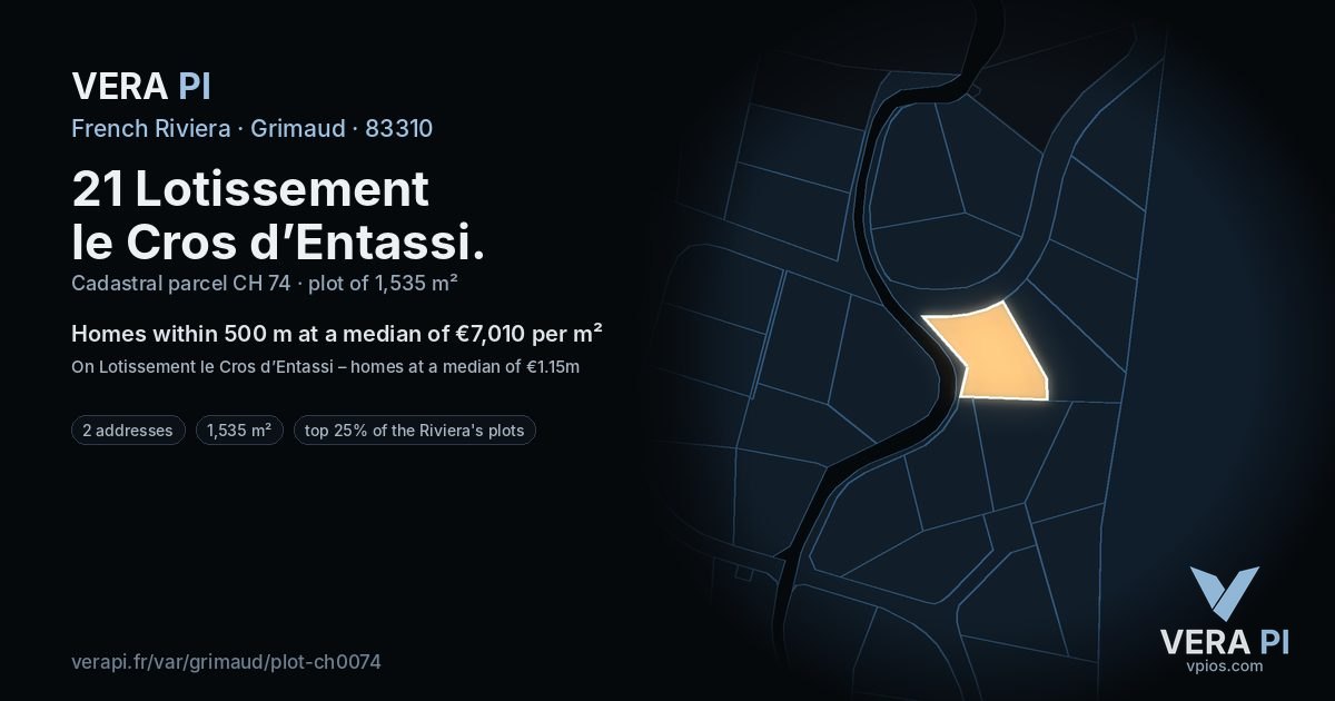 21 Lotissement le Cros d’Entassi, Grimaud at night – the plot lit, the parcels around coloured by the prices near them