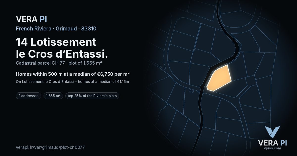 14 Lotissement le Cros d’Entassi, Grimaud at night – the plot lit, the parcels around coloured by the prices near them