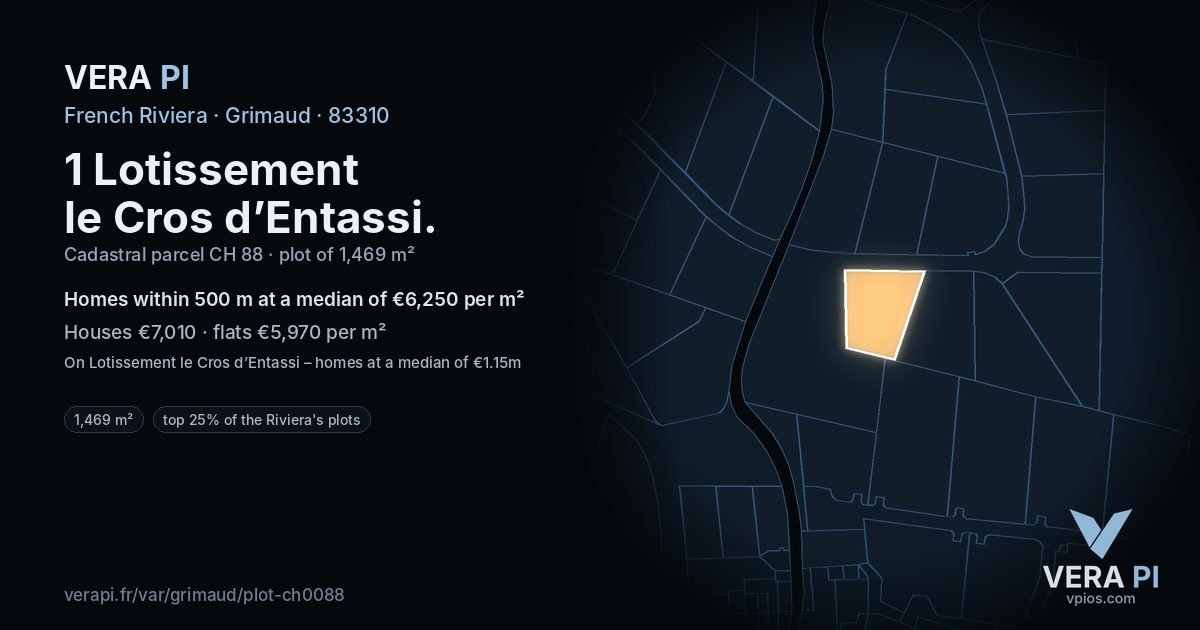 1 Lotissement le Cros d’Entassi, Grimaud at night – the plot lit, the parcels around coloured by the prices near them