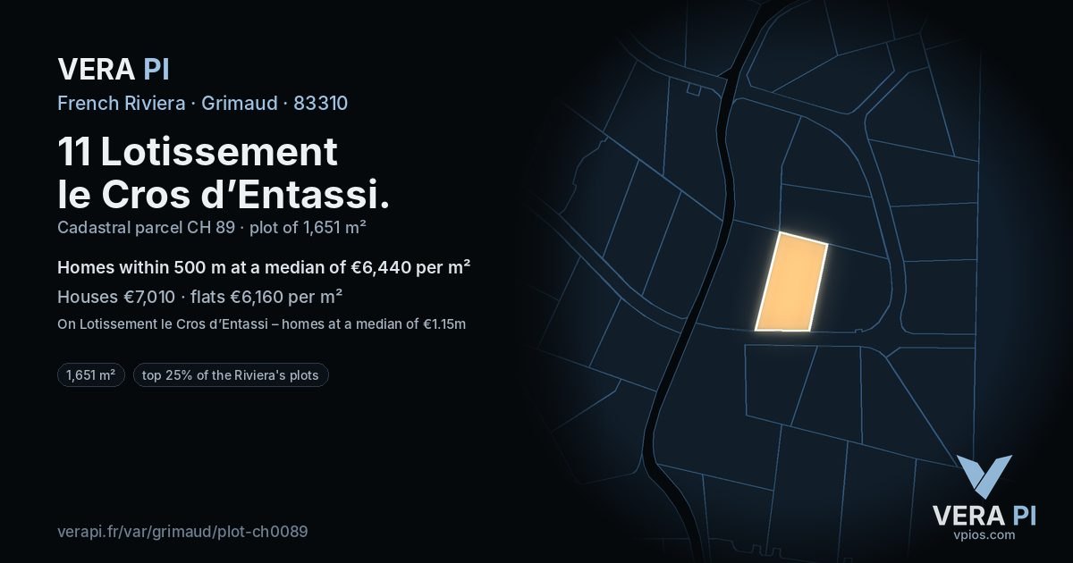 11 Lotissement le Cros d’Entassi, Grimaud at night – the plot lit, the parcels around coloured by the prices near them