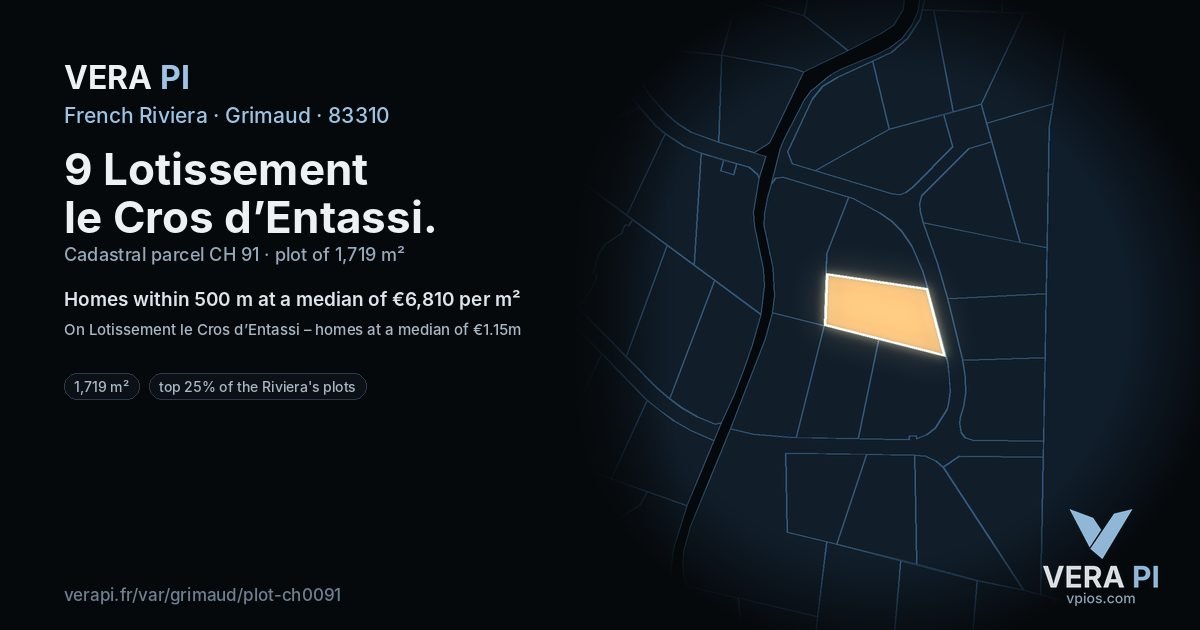 9 Lotissement le Cros d’Entassi, Grimaud at night – the plot lit, the parcels around coloured by the prices near them