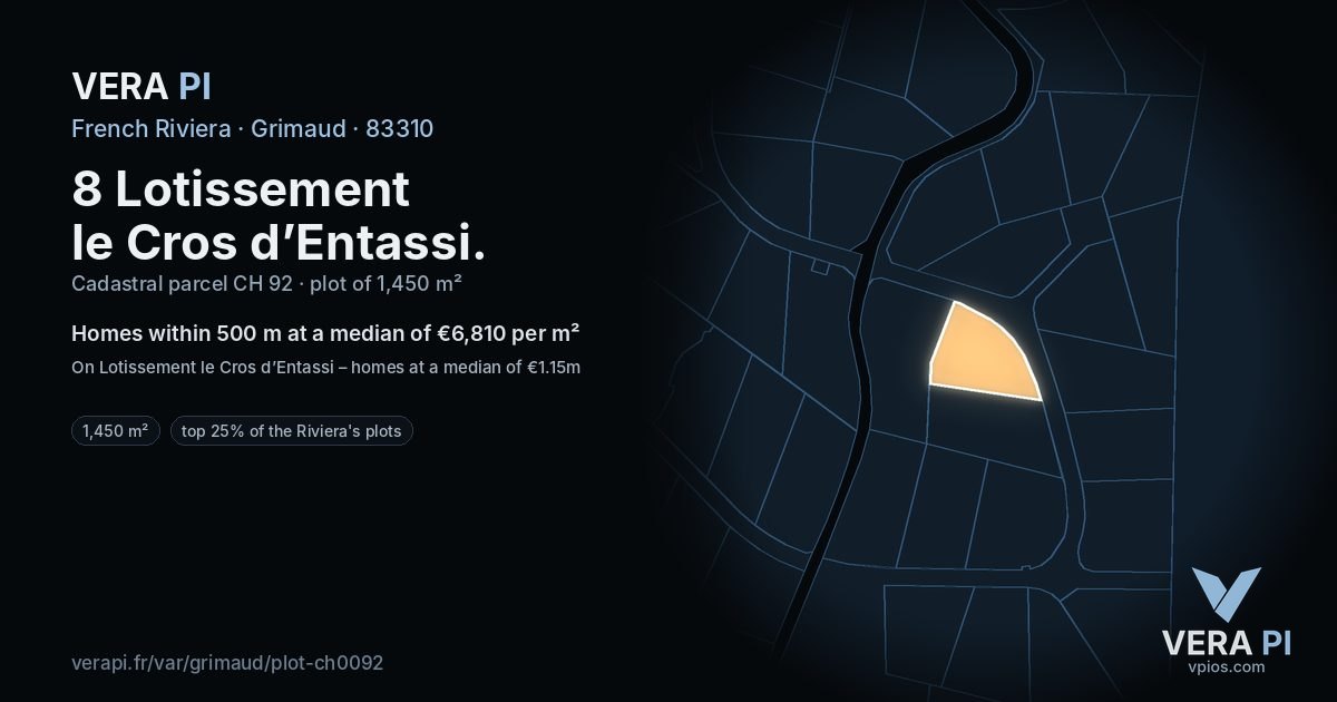 8 Lotissement le Cros d’Entassi, Grimaud at night – the plot lit, the parcels around coloured by the prices near them
