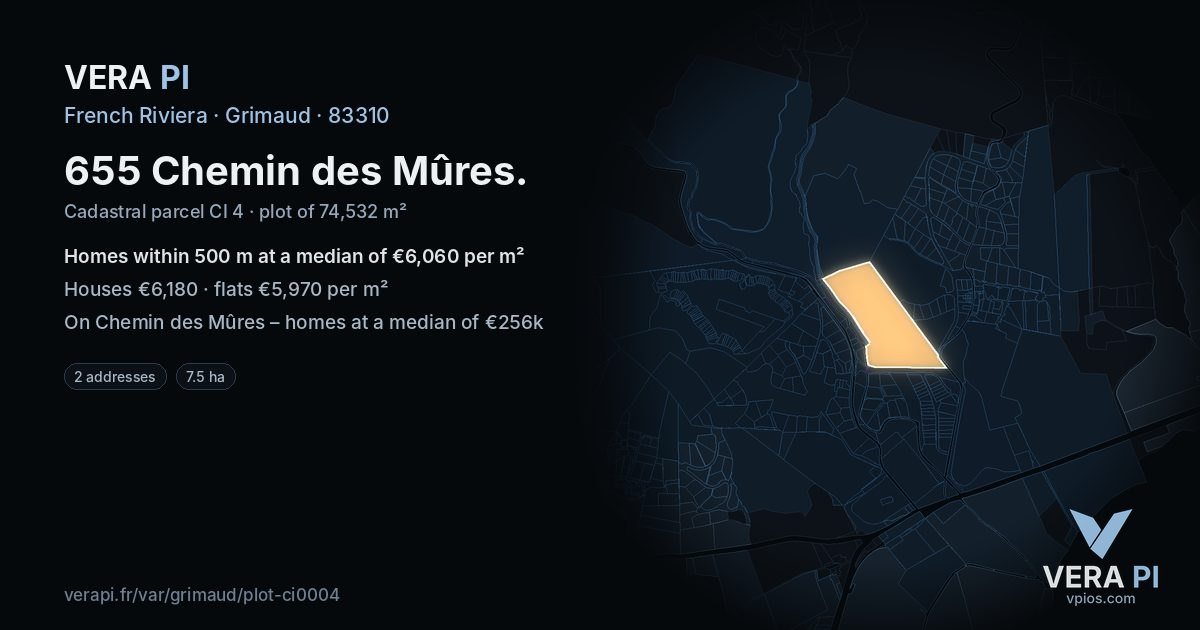 655 Chemin des Mûres, Grimaud at night – the plot lit, the parcels around coloured by the prices near them