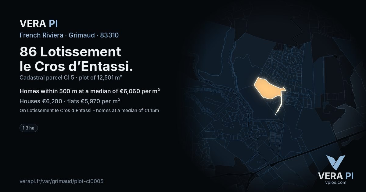 86 Lotissement le Cros d’Entassi, Grimaud at night – the plot lit, the parcels around coloured by the prices near them