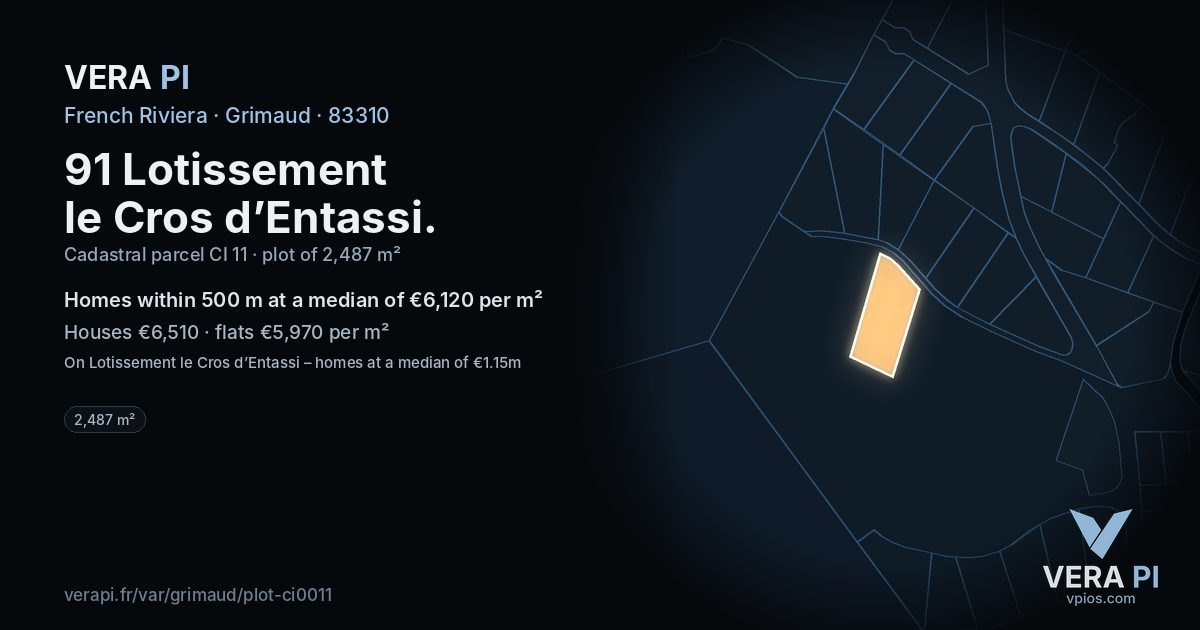 91 Lotissement le Cros d’Entassi, Grimaud at night – the plot lit, the parcels around coloured by the prices near them