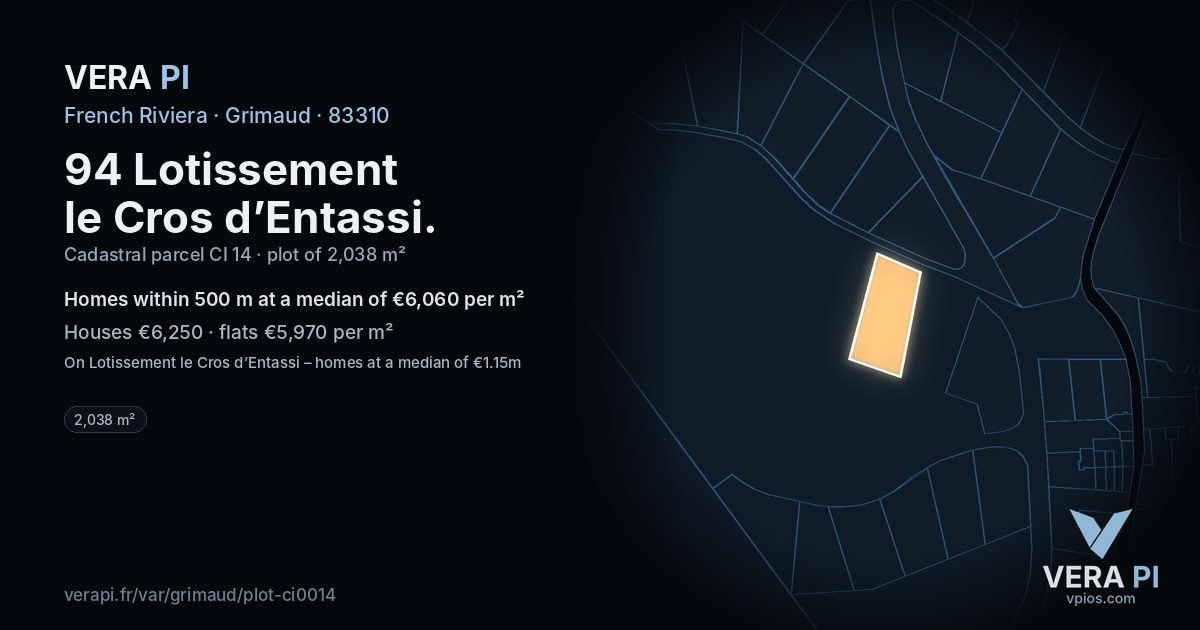 94 Lotissement le Cros d’Entassi, Grimaud at night – the plot lit, the parcels around coloured by the prices near them