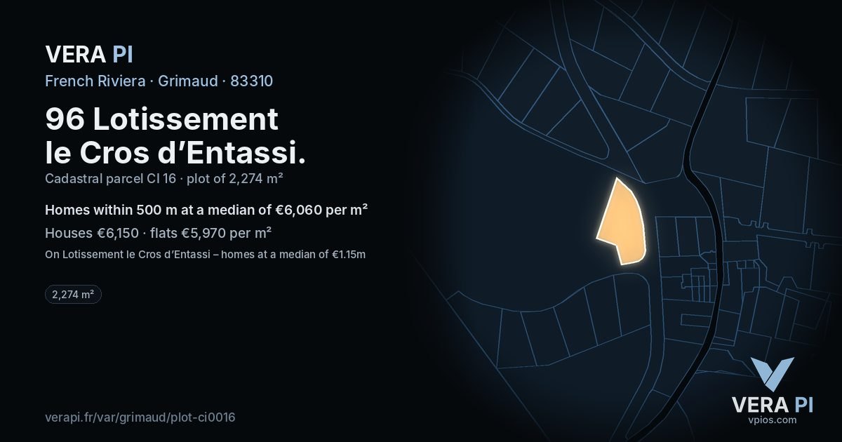96 Lotissement le Cros d’Entassi, Grimaud at night – the plot lit, the parcels around coloured by the prices near them