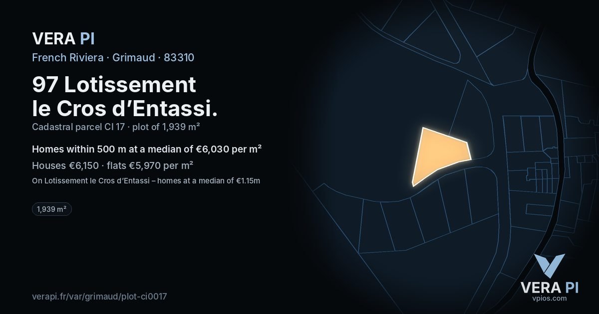97 Lotissement le Cros d’Entassi, Grimaud at night – the plot lit, the parcels around coloured by the prices near them