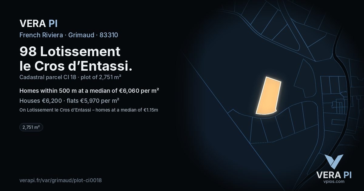 98 Lotissement le Cros d’Entassi, Grimaud at night – the plot lit, the parcels around coloured by the prices near them