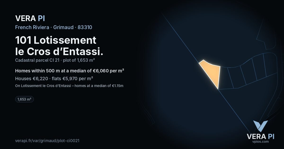 101 Lotissement le Cros d’Entassi, Grimaud at night – the plot lit, the parcels around coloured by the prices near them