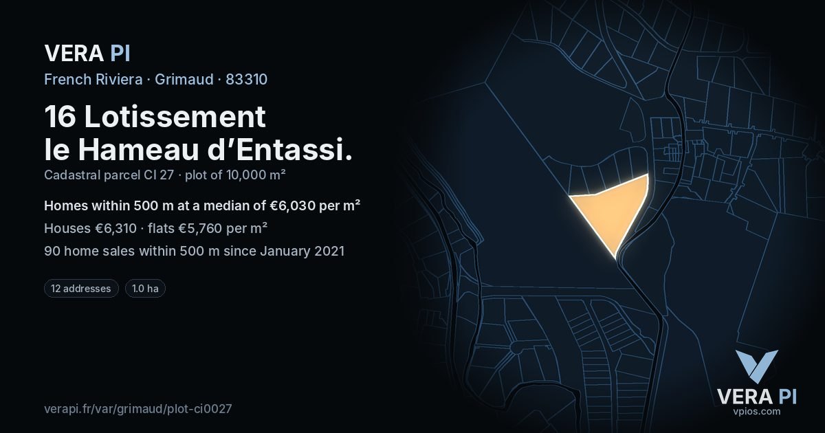 16 Lotissement le Hameau d’Entassi, Grimaud at night – the plot lit, the parcels around coloured by the prices near them