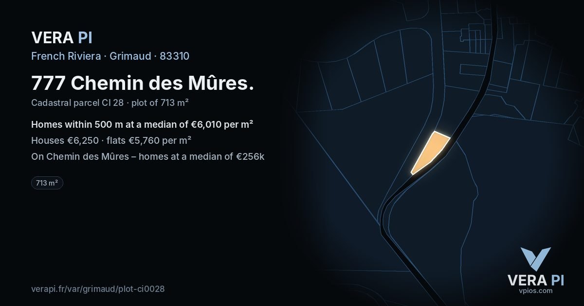 777 Chemin des Mûres, Grimaud at night – the plot lit, the parcels around coloured by the prices near them