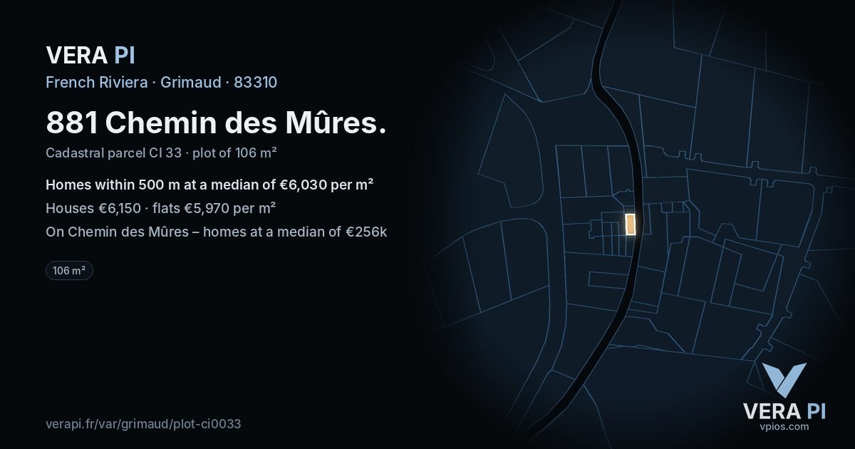 881 Chemin des Mûres, Grimaud at night – the plot lit, the parcels around coloured by the prices near them