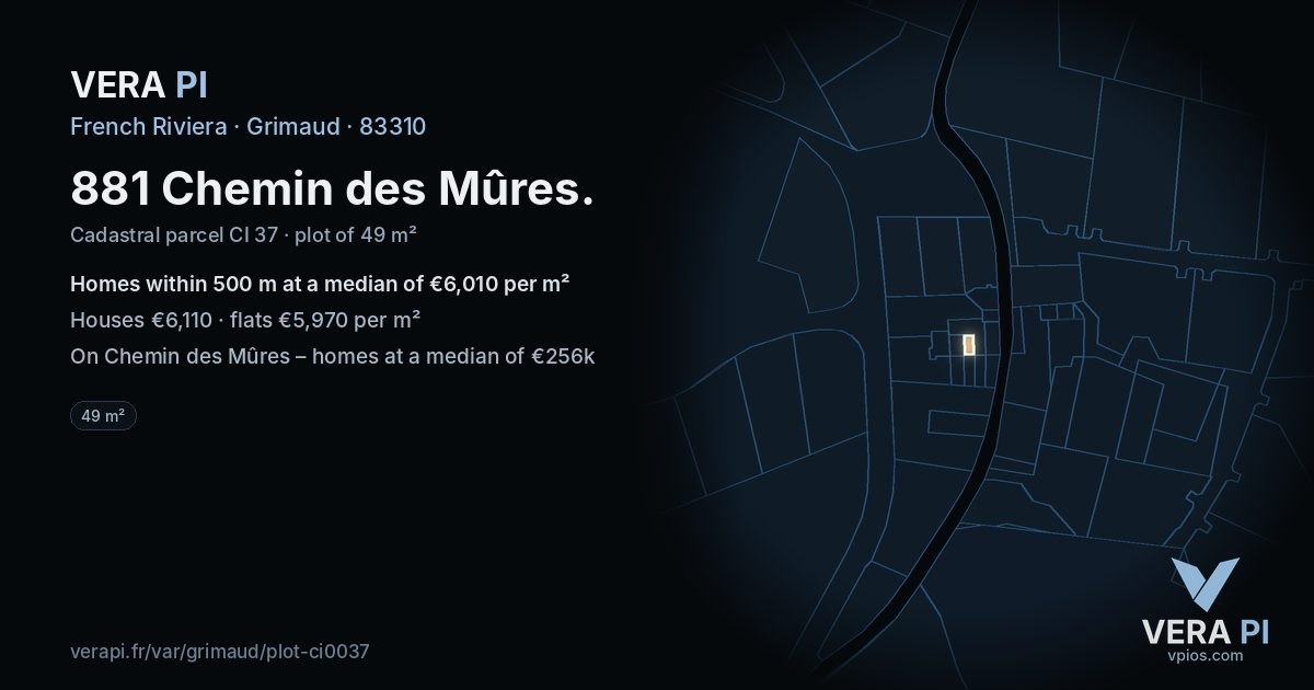 881 Chemin des Mûres, Grimaud at night – the plot lit, the parcels around coloured by the prices near them