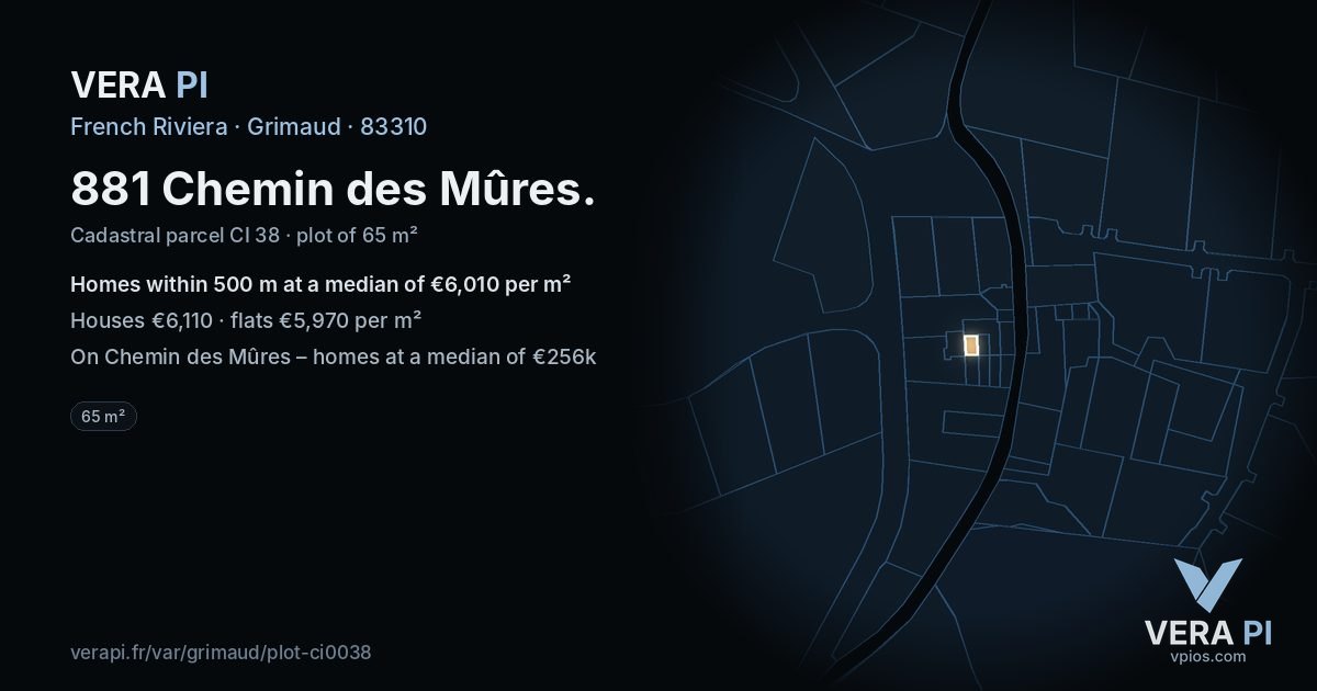881 Chemin des Mûres, Grimaud at night – the plot lit, the parcels around coloured by the prices near them