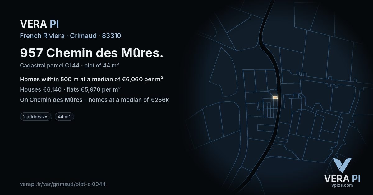 957 Chemin des Mûres, Grimaud at night – the plot lit, the parcels around coloured by the prices near them