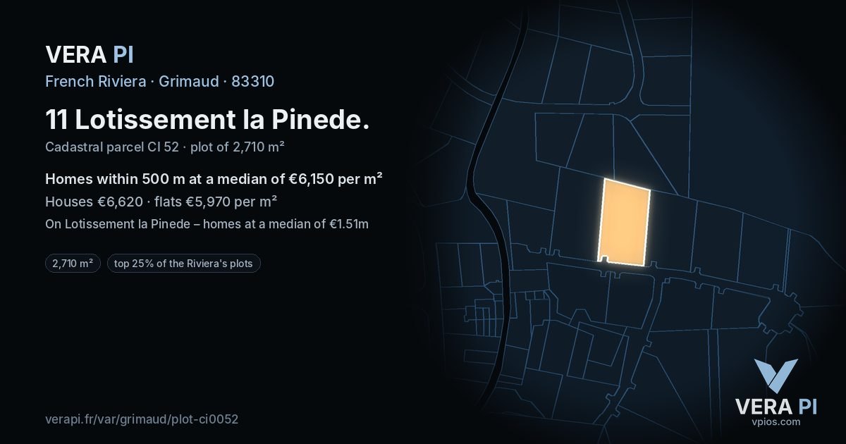 11 Lotissement la Pinede, Grimaud at night – the plot lit, the parcels around coloured by the prices near them