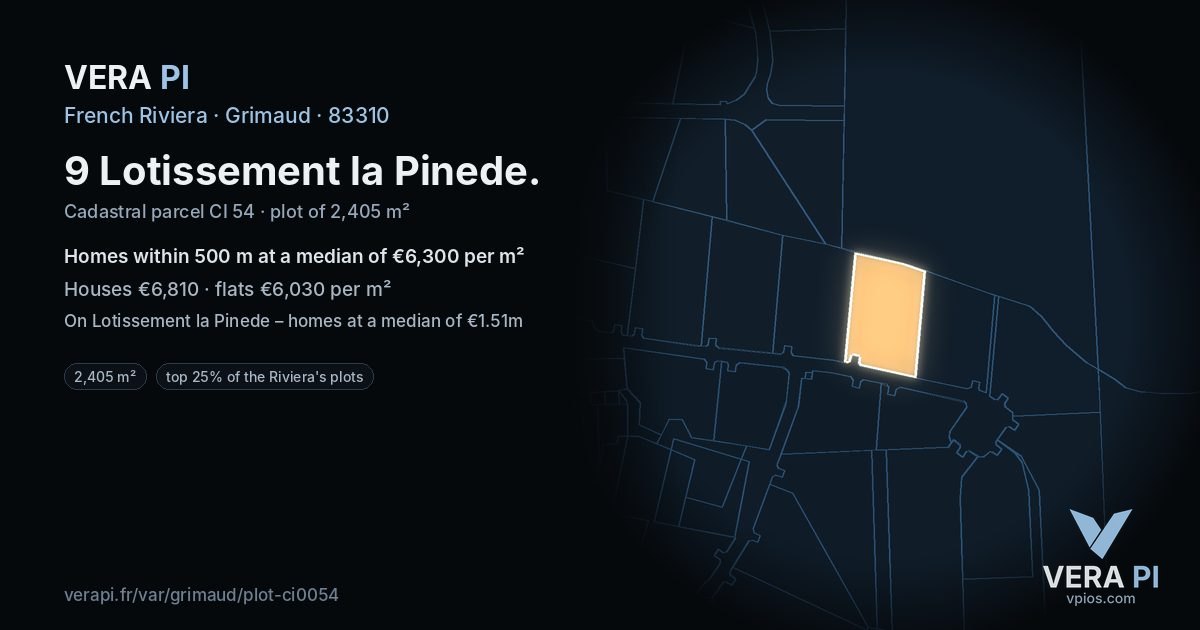 9 Lotissement la Pinede, Grimaud at night – the plot lit, the parcels around coloured by the prices near them