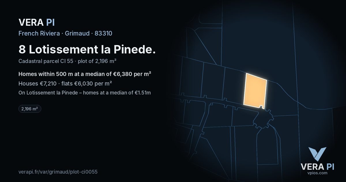 8 Lotissement la Pinede, Grimaud at night – the plot lit, the parcels around coloured by the prices near them
