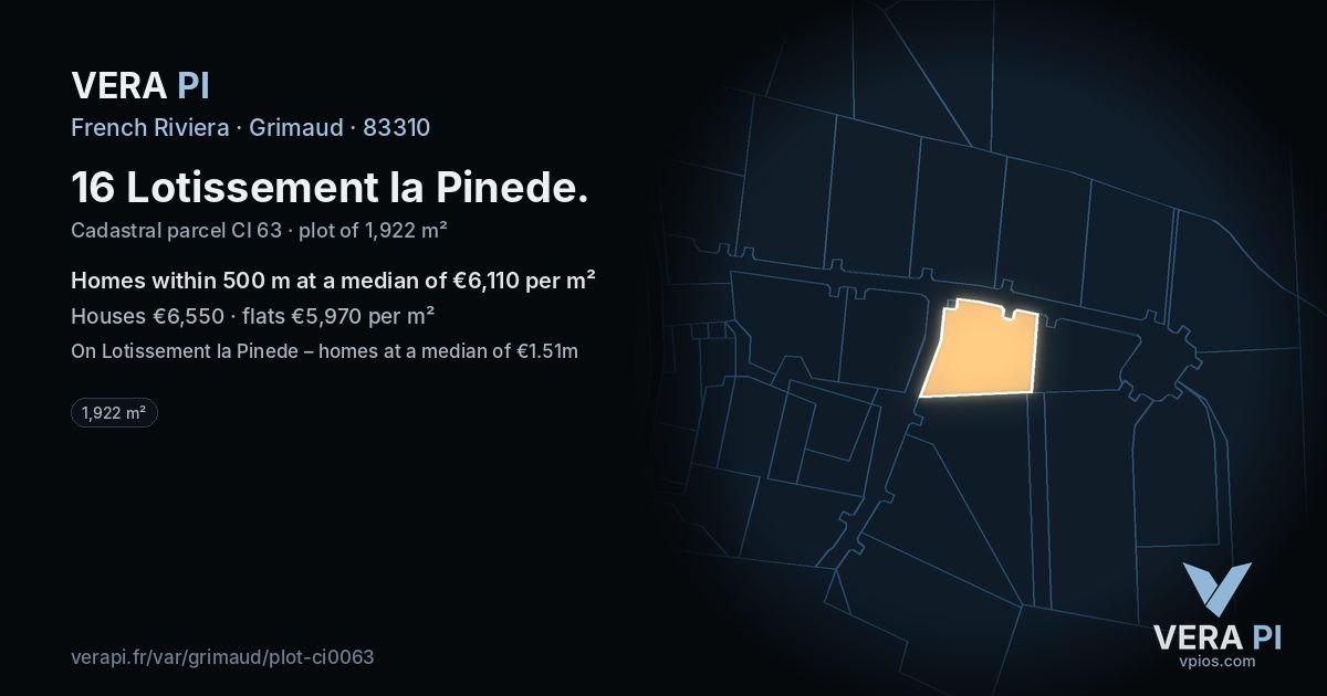 16 Lotissement la Pinede, Grimaud at night – the plot lit, the parcels around coloured by the prices near them
