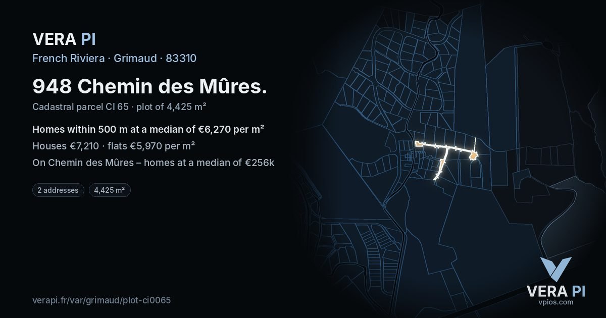 948 Chemin des Mûres, Grimaud at night – the plot lit, the parcels around coloured by the prices near them