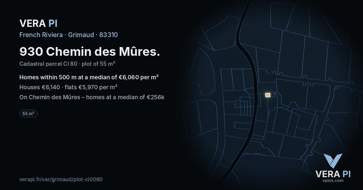 930 Chemin des Mûres, Grimaud at night – the plot lit, the parcels around coloured by the prices near them