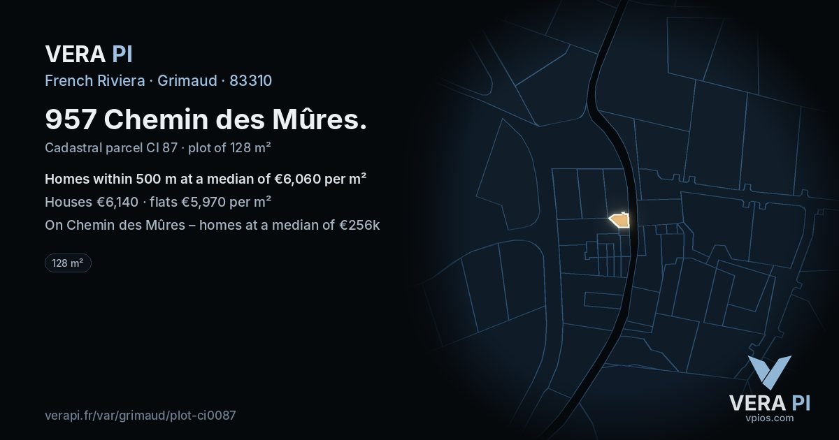 957 Chemin des Mûres, Grimaud at night – the plot lit, the parcels around coloured by the prices near them