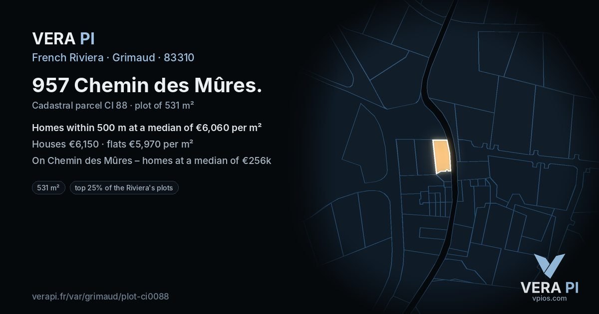 957 Chemin des Mûres, Grimaud at night – the plot lit, the parcels around coloured by the prices near them