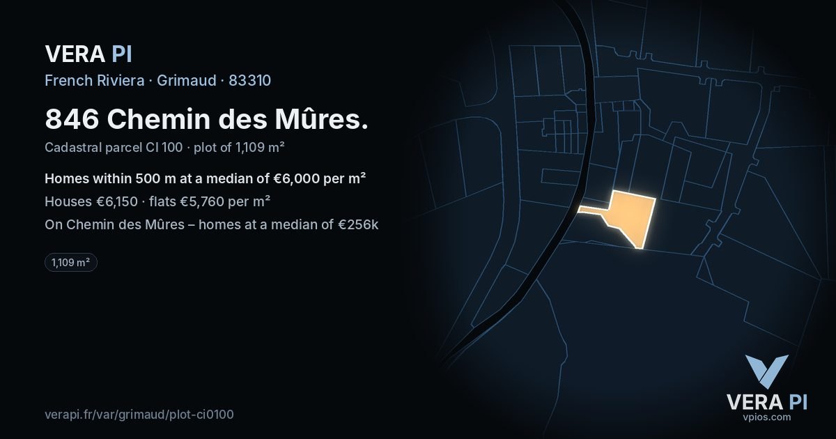 846 Chemin des Mûres, Grimaud at night – the plot lit, the parcels around coloured by the prices near them