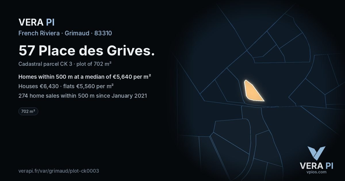 57 Place des Grives, Grimaud at night – the plot lit, the parcels around coloured by the prices near them