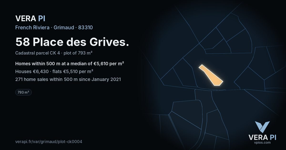 58 Place des Grives, Grimaud at night – the plot lit, the parcels around coloured by the prices near them
