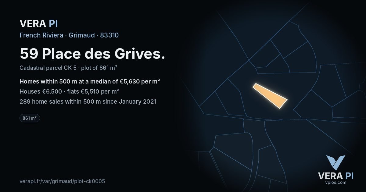 59 Place des Grives, Grimaud at night – the plot lit, the parcels around coloured by the prices near them