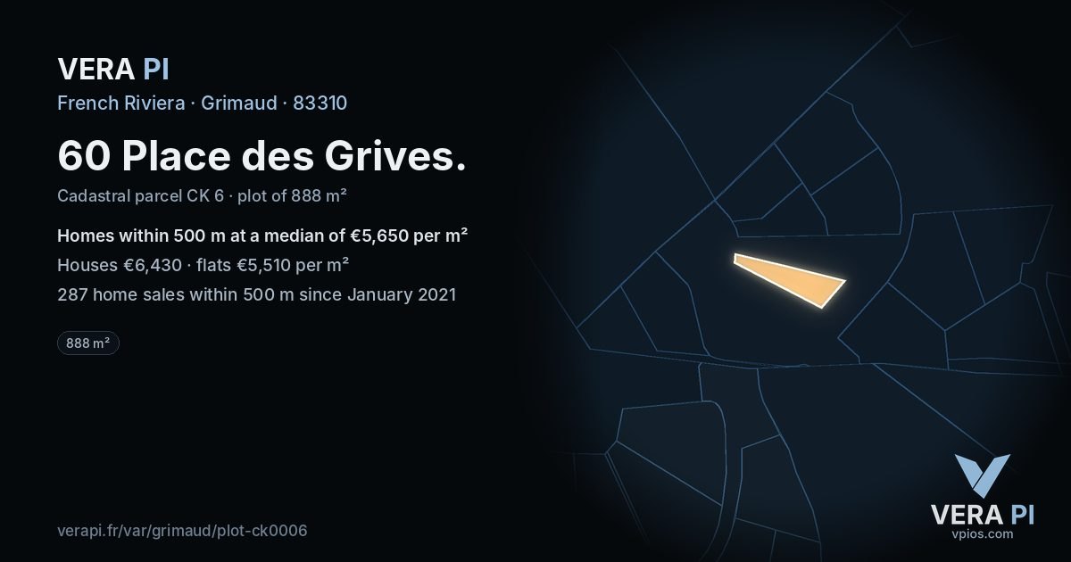60 Place des Grives, Grimaud at night – the plot lit, the parcels around coloured by the prices near them