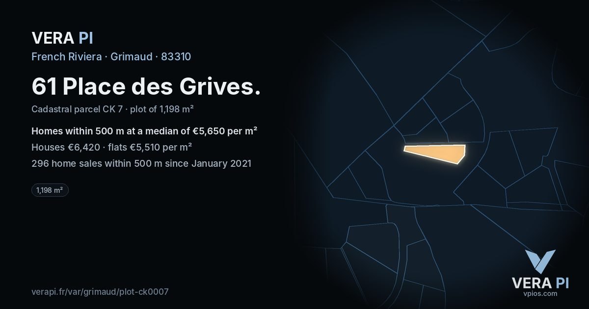 61 Place des Grives, Grimaud at night – the plot lit, the parcels around coloured by the prices near them