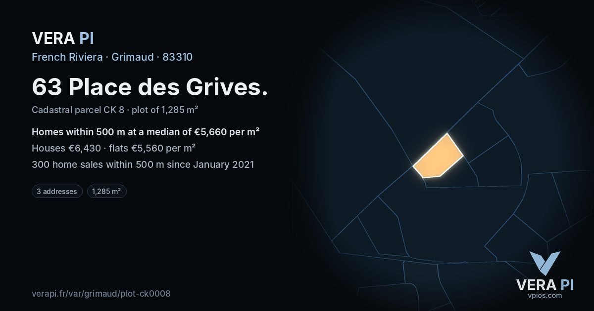 63 Place des Grives, Grimaud at night – the plot lit, the parcels around coloured by the prices near them