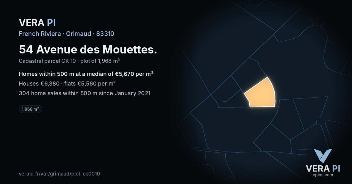 54 Avenue des Mouettes, Grimaud at night – the plot lit, the parcels around coloured by the prices near them
