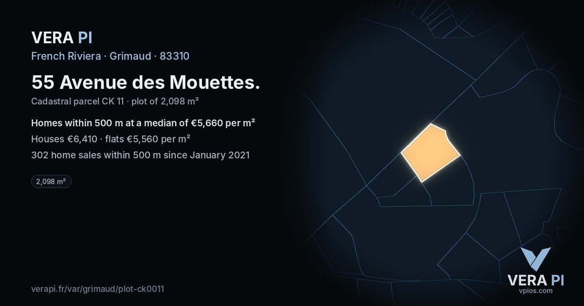55 Avenue des Mouettes, Grimaud at night – the plot lit, the parcels around coloured by the prices near them