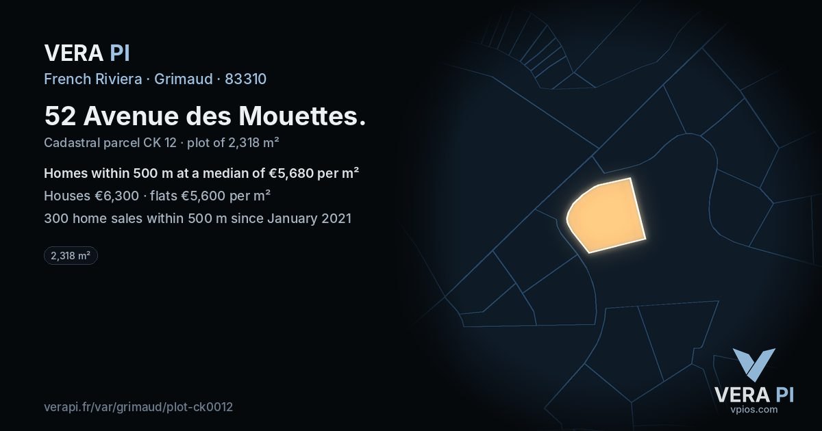 52 Avenue des Mouettes, Grimaud at night – the plot lit, the parcels around coloured by the prices near them