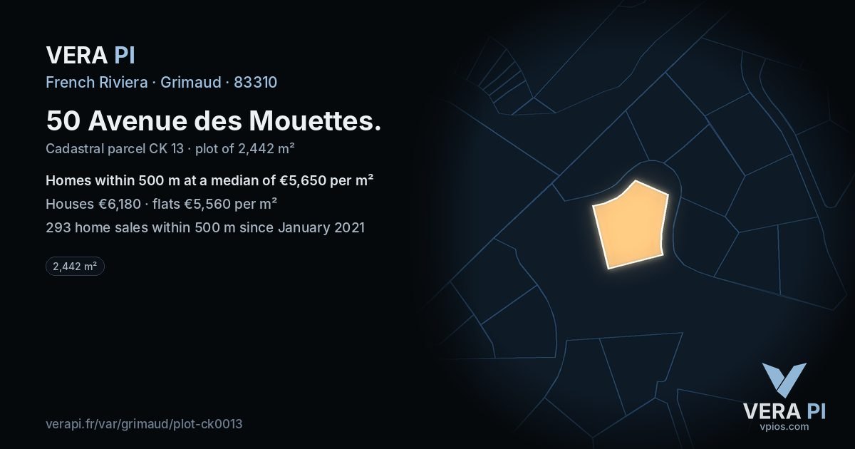 50 Avenue des Mouettes, Grimaud at night – the plot lit, the parcels around coloured by the prices near them