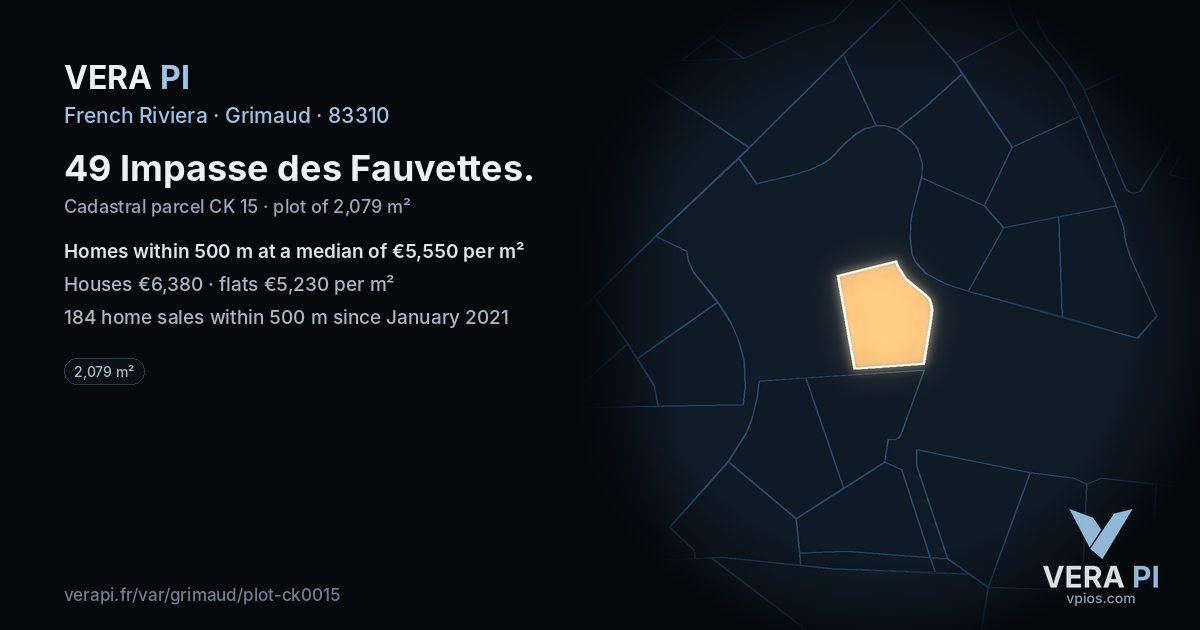 49 Impasse des Fauvettes, Grimaud at night – the plot lit, the parcels around coloured by the prices near them