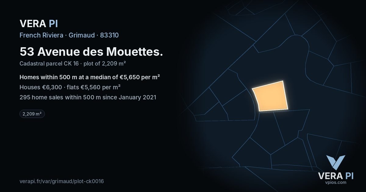 53 Avenue des Mouettes, Grimaud at night – the plot lit, the parcels around coloured by the prices near them