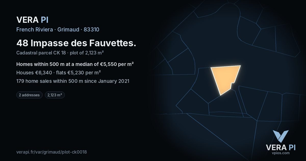 48 Impasse des Fauvettes, Grimaud at night – the plot lit, the parcels around coloured by the prices near them