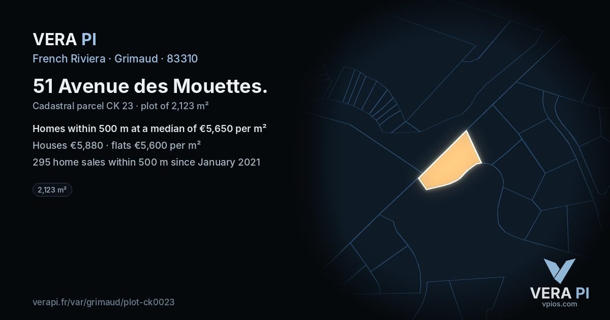 51 Avenue des Mouettes, Grimaud at night – the plot lit, the parcels around coloured by the prices near them