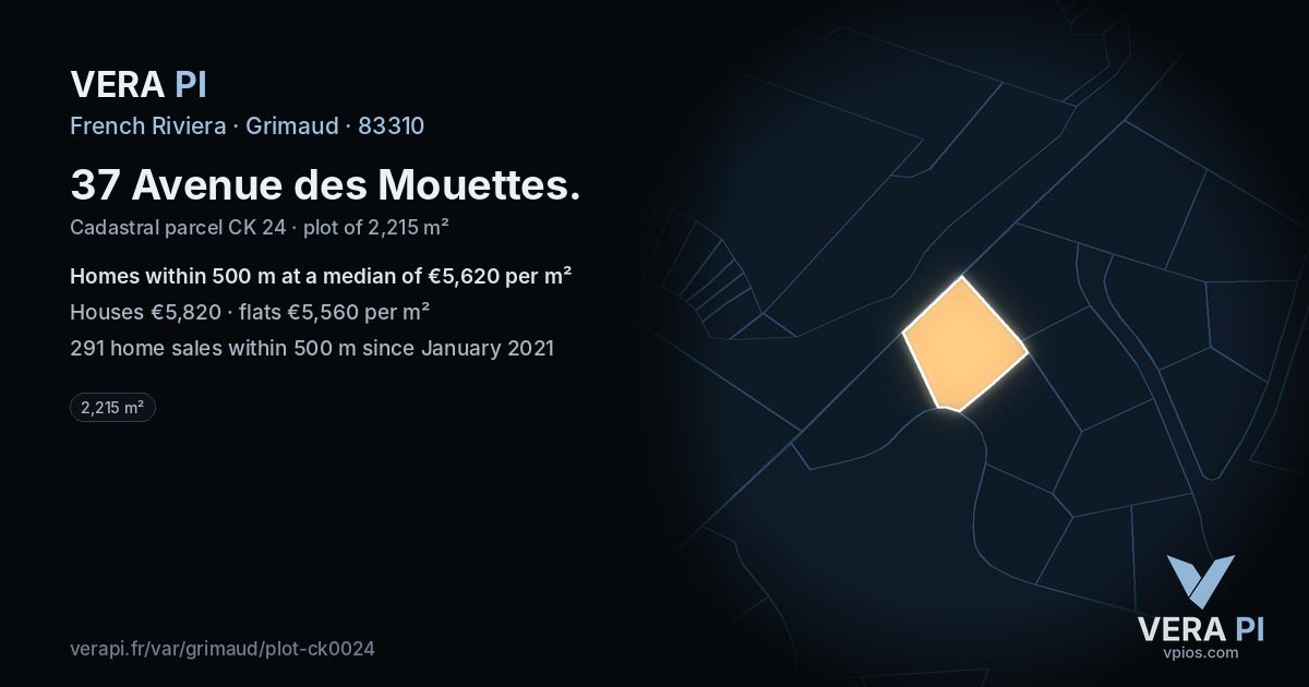 37 Avenue des Mouettes, Grimaud at night – the plot lit, the parcels around coloured by the prices near them