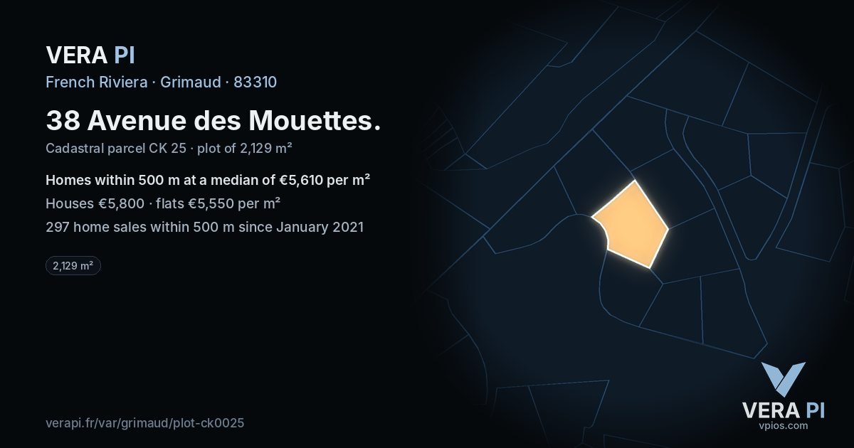 38 Avenue des Mouettes, Grimaud at night – the plot lit, the parcels around coloured by the prices near them