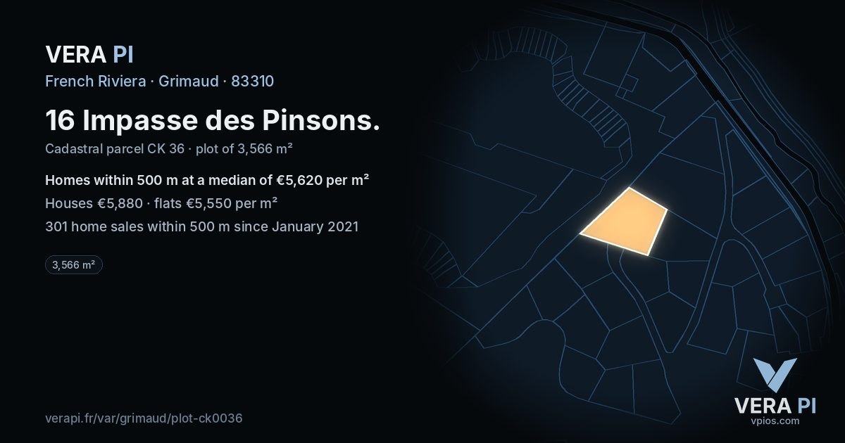 16 Impasse des Pinsons, Grimaud at night – the plot lit, the parcels around coloured by the prices near them