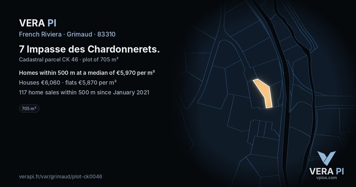 7 Impasse des Chardonnerets, Grimaud at night – the plot lit, the parcels around coloured by the prices near them