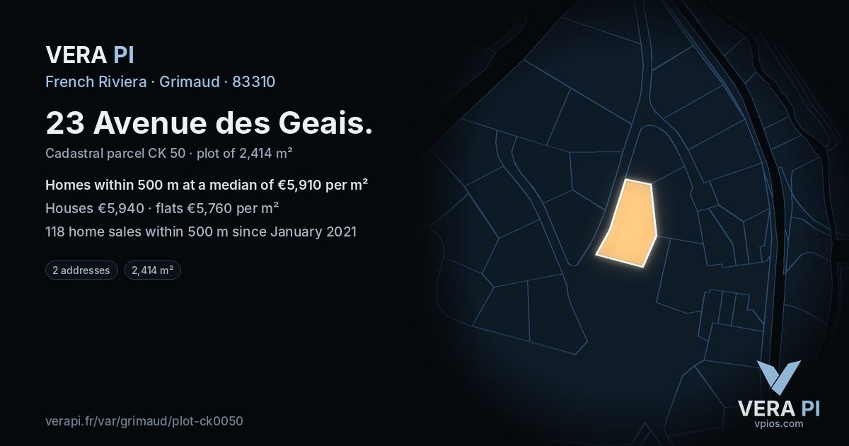 23 Avenue des Geais, Grimaud at night – the plot lit, the parcels around coloured by the prices near them