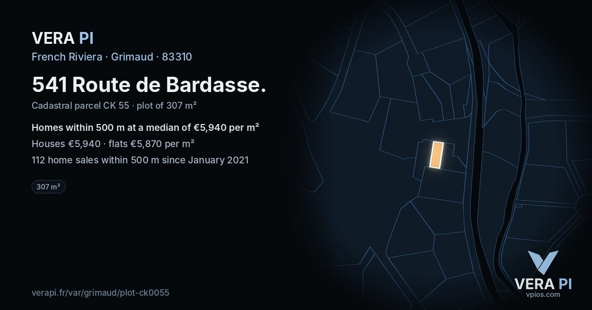 541 Route de Bardasse, Grimaud at night – the plot lit, the parcels around coloured by the prices near them