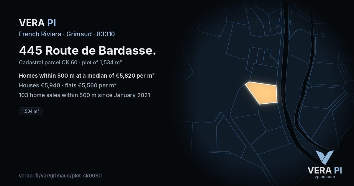 445 Route de Bardasse, Grimaud at night – the plot lit, the parcels around coloured by the prices near them